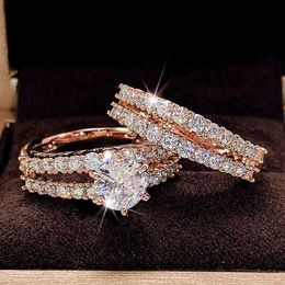 2PCS Wedding Rings Trendy Hollow Set Rings Full Bling Iced Out CZ Stone Luxury Women Wedding Engagement Rings 2Pcs Set Jewellery Drop Shipping