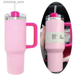 Mugs PINK Flamino with Water Bottles 40oz Tye Dye Quencher H2.0 Coffee Mus Cup campin Stainless Steel Tumblers with Silicone handle L49