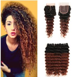 1B 33 Ombre Malaysian Virgin Hair Weave With Lace Closure Deep Wave Human Hair Bundles Two Tone Curly Dark Auburn Coloured Hair9458709