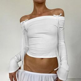 Sexy Bow Off Shoulder Skinny Tops for Women Autumn Winter Y2K Fashion Long Sleeve Tshirts Solid Basic Streetwear 2023 240403