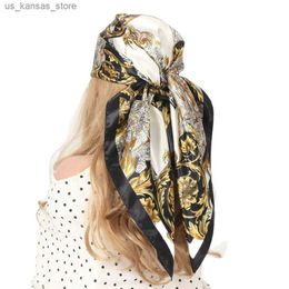 Scarves Black Gold Vintage Square Silk Scarves Women Head/Hair Scarf Hijab Multifunctional Bandana Cheveux Foulard Femme 90X90 Wholesale240409