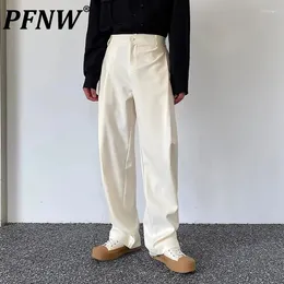 Men's Pants PFNW Pleated Wide Leg Causal Solid Color Pockets Baggy Male Straight Trousers Korean Stylish Spring 2024 9C1184
