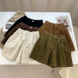 Corduroy Womens Cargo Shorts Autumn Winter High Waist Wide Leg Casual Vintage Female Trousers Fashion 240409