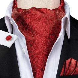 HiTie Silk Mens Ascot Hanky Cufflinks Set Cravat Tie for Male Wedding Business Pink Blue Red Gold Green Purple White Burgundy240409