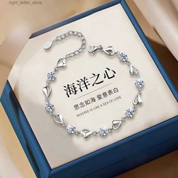 Bangle S925 Sterling Silver Ocean Heart Bracelet Womens Zircon Heart Korean Design Fully Matched Elegant Handpiece yq240409