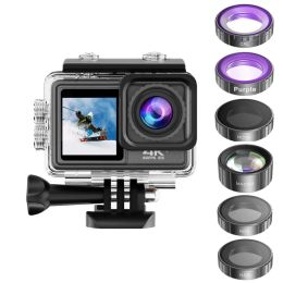 Cameras 4K HD Action Camera 60FPS Dual Colour Screen Outdoor WiFi Sport Camera 24MP EIS AntiShake Interchangeable Lens Philtre Waterproof