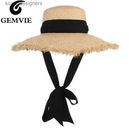 Wide Brim Hats Bucket Hats GEMVIE Handmade Weave Raffia Straw Hat For Women Wide Brim Floppy Sun Hat Summer Hats Lady Beach Cap With Chin Strap Fashionable Y240409