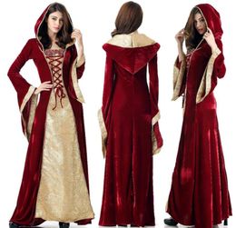 Medieval Dress Robe Women Renaissance Dress Princess Queen Costume Velvet Court Maid Halloween Costume Vintage Hooded Gown9374395