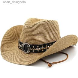 Wide Brim Hats Bucket Hats Girl Beach Hat Summer Rivet belt Panama cowboy Cap lady Casual Trilby Fedora Hat Male Straw Hat UV Protection Wide Brim Sombrero Y240409