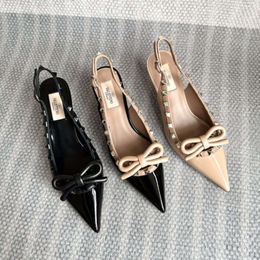 V-family Bow Headed Sandals Thin Heels, 2024 Summer New Pointed One Line with Lacquer Leather Rivets, High Heels for Women