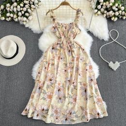 Casual Dresses Summer Beach Women Dress Ladies Waist Slim Mid Length Sleeveless Printed Flowers A-line Mid-calf Suspended