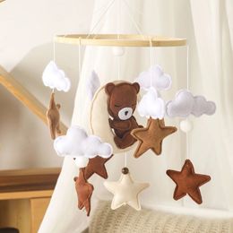 1pc Wooden Baby Rattles Soft Felt Mobile Crib Cartoon Bear Cloudy Star Moon Hanging Bed Bell Montessori Education Toys 240409
