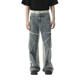 Men's Jeans Fashion Hip Hop Pants With Rivet High Street Flare Denim Trousers Loose Fit Y2K Cowboy Bottoms Patchwork