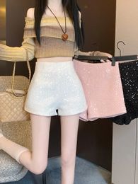 Short Pants Women Black White Femme High Waisted Buttocks Wrapped Aline Wide Leg Pink Sequin s Sweet Slim Y2k 240409