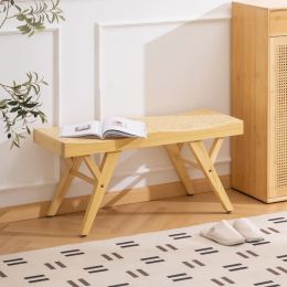 Nordic Sofa Stool Solid Wood Rattan Woven Changing Shoe Stool Bedroom Long Strip Bedtail Stool Versatile Scene Hallway Bench