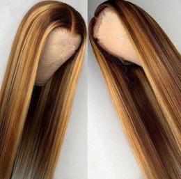 Allove Honey Blonde Highlight Braune Spitzenfront Frau Perücken brasilianische Knochen Straight Human Hair38818481685004