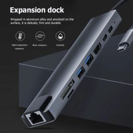 Hubs 8 In 1 USB C HUB HDMICompatible PD Hızlı Şarj İstasyonu 100m MacBook Defter Dizüstü Bilgisayar için Ethernet Bağlantı Noktası