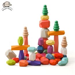 Wooden Building Block Colored Stone Baby Montessori Creative Educational Toy Nordic Style Stacking Game Rainbow Stone Wooden Toy