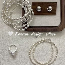 South Koreas East Gate Natural Pearl Jewellery S925 Pure Silver Long Beizhu Necklace Ring Earring Combination Womens