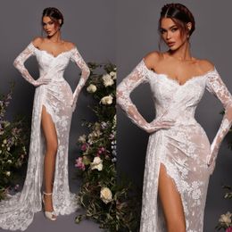 Vestido de noiva de sereia de renda linda para noiva de mangas compridas vestidos de noiva vestidos de noiva, vestido de noiva de designer dividido