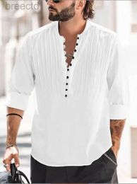 Men's Casual Shirts 2024 new mens linen bandage button high quality shirt mens solid Colour cotton and linen folding casual slim long-sleeved shirt 240409