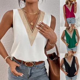 Women's Blouses Sleeveless V-neck Lace Parchwork Blouse Women Loose Hollow Out Summer Tee Shirt Casual Streetwear Tsnk Top