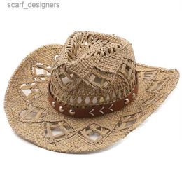 Wide Brim Hats Bucket Hats NEW Cowboy Hat Summer Straw Womens Hats Handmade Sun Hat for Men Cowgirl False Gem Decoration Casual Beach Cap Panama Y240409DS6G