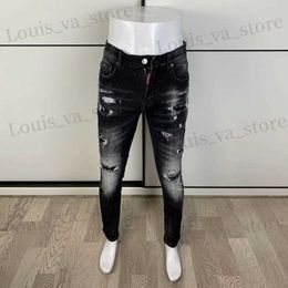 Men's Jeans Strt Fashion Men Jeans Retro Black Grey Elastic Stretch Slim Fit Hole Ripped Jeans Men Patched Designer Hip Hop Brand Pants T240409