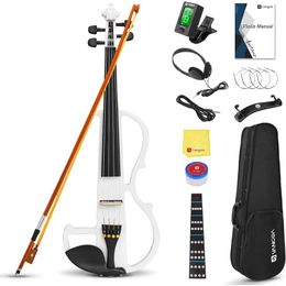 Vangoa Electric Violin 4/4 Set di violino silenzioso a grandezza naturale per principianti, adulti e adolescenti - violino elettronico in metallo in acero solido con accessori in ebano bianco