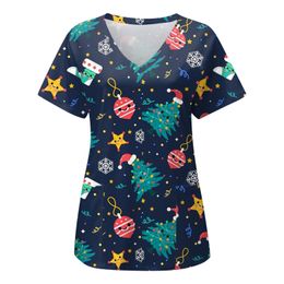 Christmas Nurse Uniform Women Snowman Elk Print Short Sleeve Pocket Loose Carer Workwear Pockets Working Medical Uniforms Scrubs