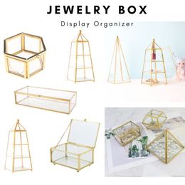 Glass Clear Vintage Jewellery Box - Golden Geometric Jewellery Display Organiser