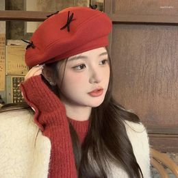 Berets Red Bow Caps For Women Autumn And Winter Korean Version Retro Versatile Elegant Face Small Octagonal Painter Hat
