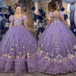 Lavender Ball Gown Flower Girls Dresses Sheer Jewel Neck Short Sleeves Girl Pageant Gowns Appliques Tiered Bottom First Communion Dress Kids Formal Wear