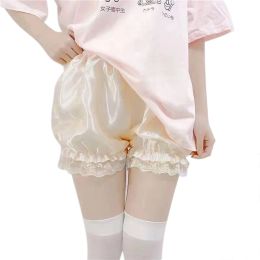 Women Girls Silky Satin Lolita Bloomers Ruffles Lace Trim Maid Loose Pumpkin Pants Solid Colour Gothic Elastic Waist Security