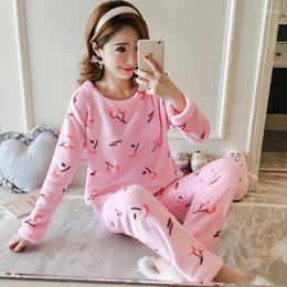 Home Clothing Winter Long Sleeve Women Pyjamas Set Cartoon Cherry Coral Fleece Thick Warm Pyjamas Female Flannel Sleepwear Pants Suit