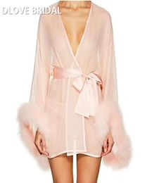 Short Blush Pink Bridal Wedding Robe with Marabou Trim on Sleeve Sash Short Sexy Night Gown Pajamas8221132