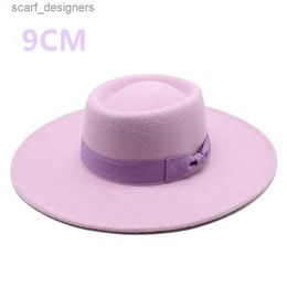 Wide Brim Hats Bucket Hats 9cm wide brown bow hat elegant retro style British wool jazz hat winter solid Colour Panama hat Y240409