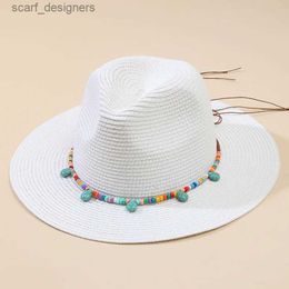 Wide Brim Hats Bucket Hats Coloured Stone Accessories Mens and Womens Straw Hat White Black Panama Sun Hat Beach Vacation Sun Hat Wide Brim Jazz Cap Y240409