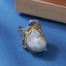 New Arrival Flatulent 925Sterling Silver Ring Exaggerated Personality Designed 925 Silver Jewellery Baroque Pearl Finger Ring Purely Handmade Silver Ring