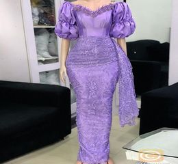 Aso Ebi Evening Dress Mermaid Off Shoulder 2022 Short Sleeves Lavender Lace Appliques Prom Dresses for Women Party7369680