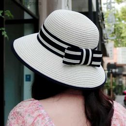 Wide Brim Hats Bucket Hats Summer womens sun hat fashionable sun protection arched sun hat foldable straw woven large brown beach hat Y240409