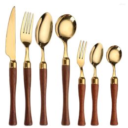 Dinnerware Sets AJOYOUS Wooden Handle Cutlery Set Stainless Steel Clamp Western Tableware Knife Fork Tea Spoon Portable Silverware