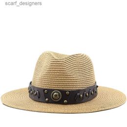 Wide Brim Hats Bucket Hats Summer Straw Hat for Men Women Sun Beach Hat Men Jazz Panama Hats Fedora Wide Brim Sun Protection Cap with Leather Belt Y240409