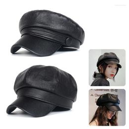 Berets Unisex PU Leather Military Caps For Black Flat Top Captain Cap Travel Cadet Hat