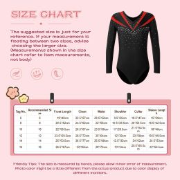 Kids Girls Gymnastics Swimsuit for Ballet Dancing Long Sleeve V Neckline Shiny Rhinestone Slim Fit Figure Skating Dance Leotards