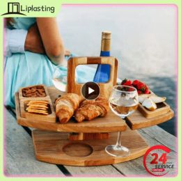 Portable Wooden Picnic Table Carry Handle Outdoor Folding Wine Table Removable Wine Glass Holder Folding Low Table Snack Tray