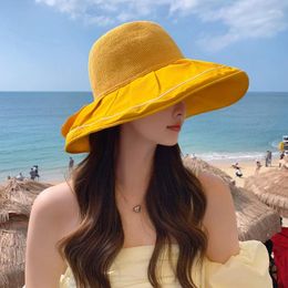 Berets Hat For Women Summer Hollow And Breathable Sun Fashionable Large Brim Bow Shading Outdoor Play Beach