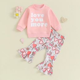 Valentines Day Baby Girl Bell Bottom Outfits Daddy s Valentine Crewneck Sweatshirt Top Heart Print Flare Pants Set