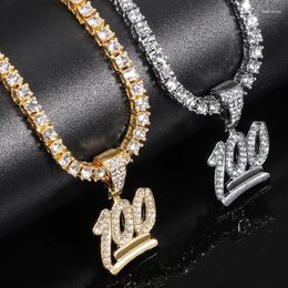 Pendant Necklaces Men Women Hip Hop Number 100 Necklace With 4mm Zircon Tennis Chain Iced Out Bling HipHop Jewellery Fashion Gift