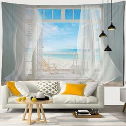 Tapestries Seascape Outside The Window Sea View Tapestry Wall Hanging Scenery Art Simple Hippie Aesthetics Room Home Decor Cloth